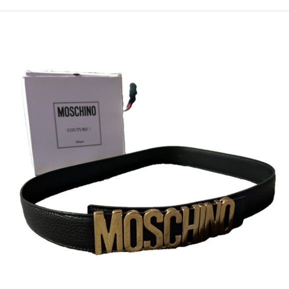 Moschino Logo Plate Belt Leather Patent Black Gold Spell Out Womens Size 48 main image 7